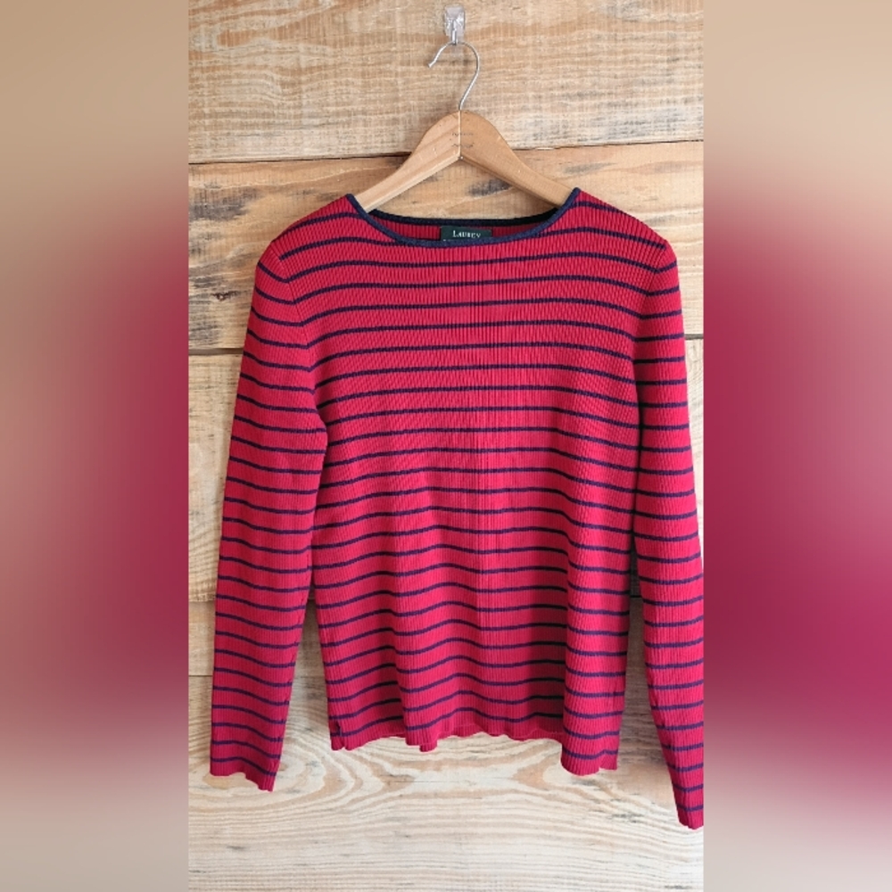 Lauren Ralph Lauren Red and Navy Blue Striped Sweater Size Large - Picture 2 of 5